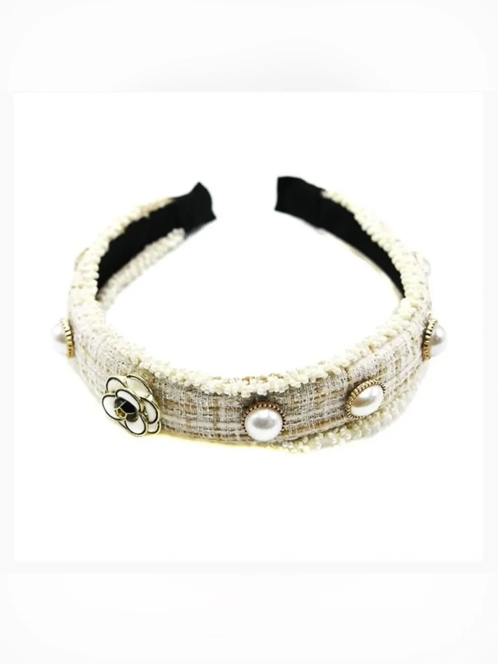 Elegant Cream Tweed Headband with Pearl and Floral Accents